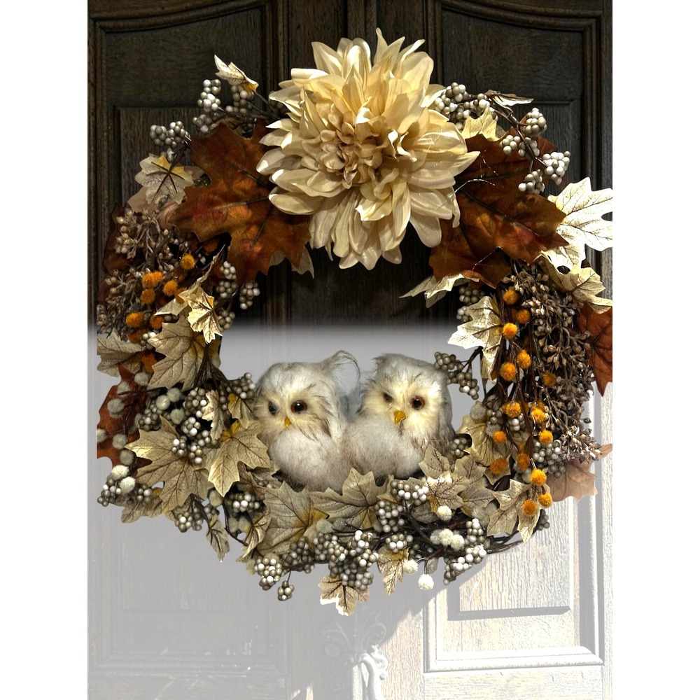 Fall Owl Wreath Autumn Floral Door Decor White Berries Maple Leaves Cream Dahlia